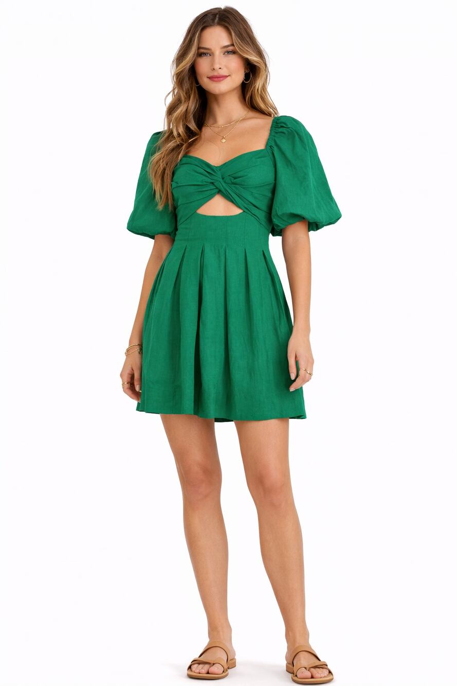 House Of Harlow Linen Blend Cut Out Puff Sleeve Mini Dress Womens Size 4 Green
